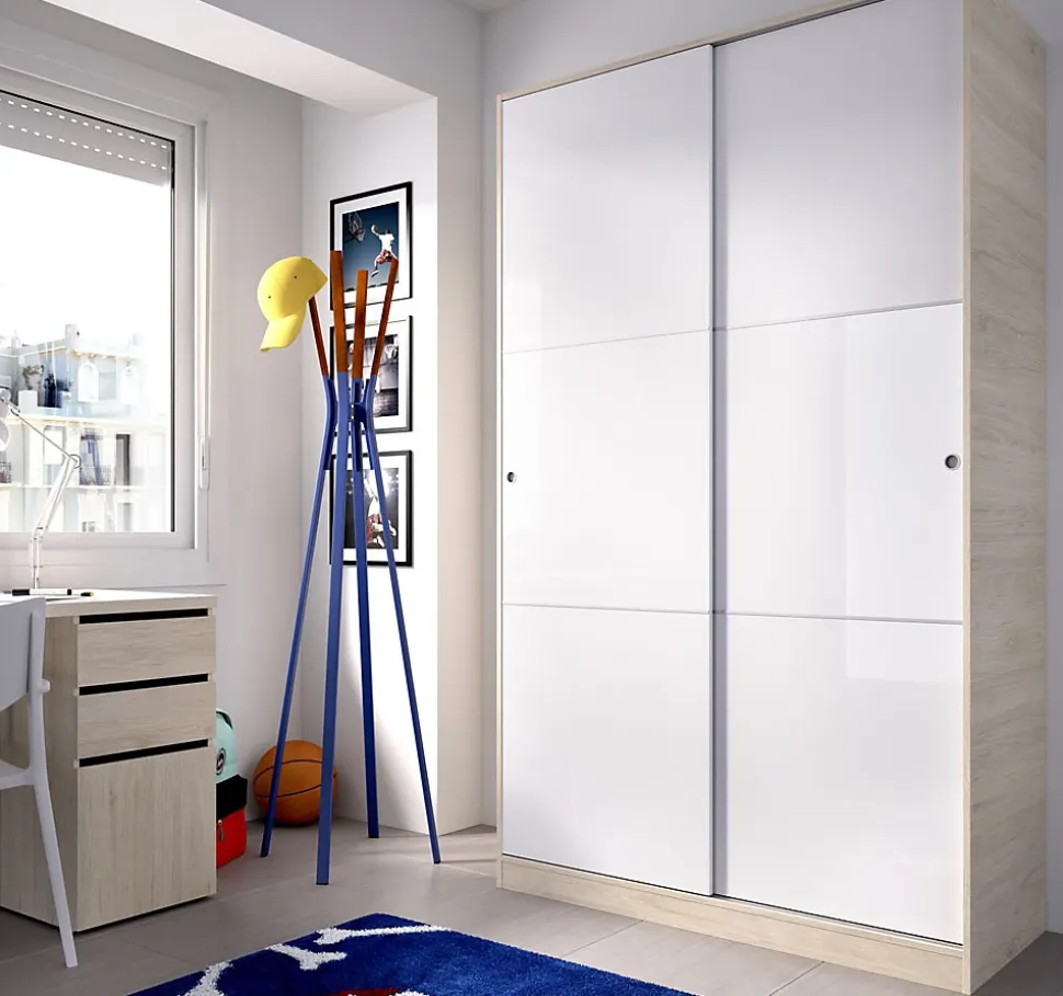 Armoire à portes coulissantes coloris naturel/blanc brillant - Longueur 120 x Profondeur 50 x Hauteur 204 cm