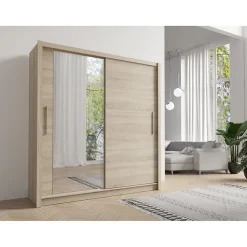 Armoire 2 portes coulissantes avec miroir 155 cm - chene clair - Collection OZZULA