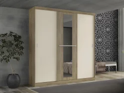 Armoire 3 portes coulissantes - Avec miroir - L205 cm - Naturel et beige - DIDDA II