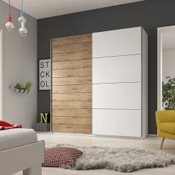 Armoire 2 portes coulissantes 200cm couleur chene et blanc. Collection FLOYD