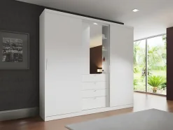 Armoire 2 portes coulissantes - Miroir et tiroirs - L240cm - Coloris : Blanc - BODIL