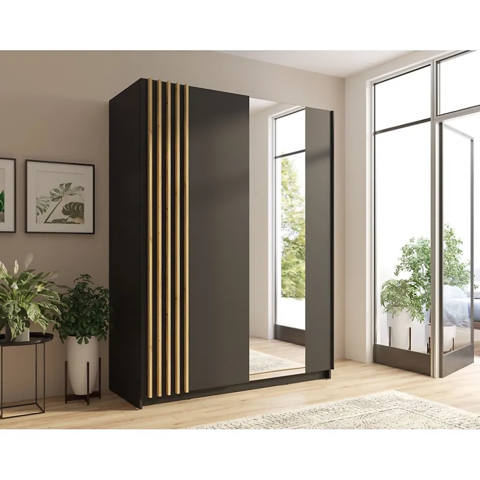 Armoire 2 portes coulissantes 200 cm - noir et chene - Collection VARIA