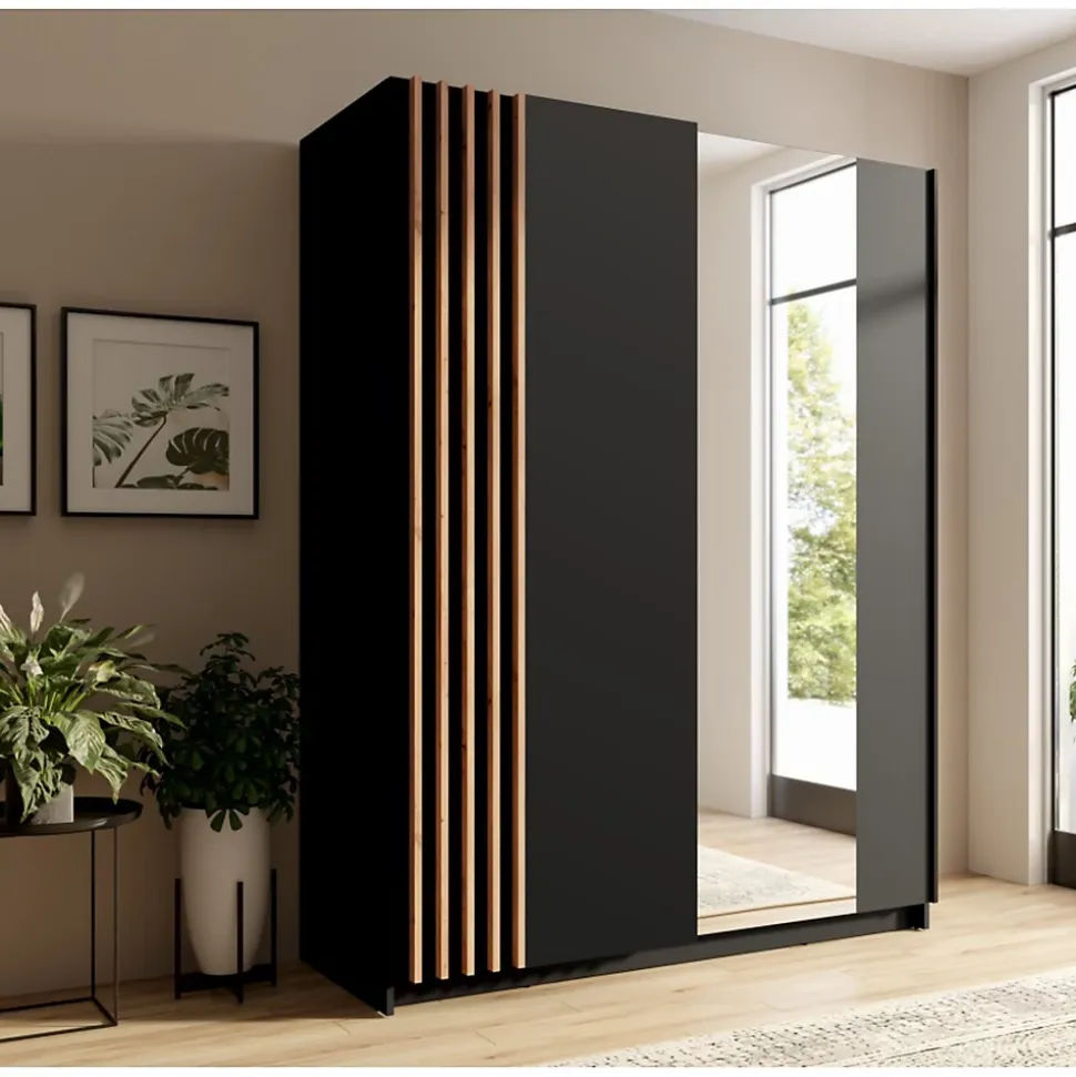 Armoire 2 portes coulissantes 200 cm - noir et chene - Collection VARIA