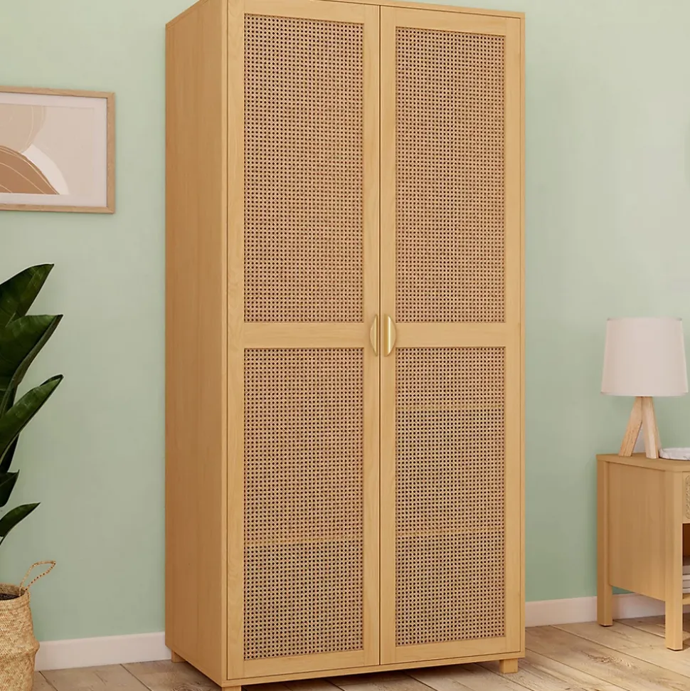 Armoire 2 portes EDHEN bois et cannage penderie 80 cm avec étagères rangement