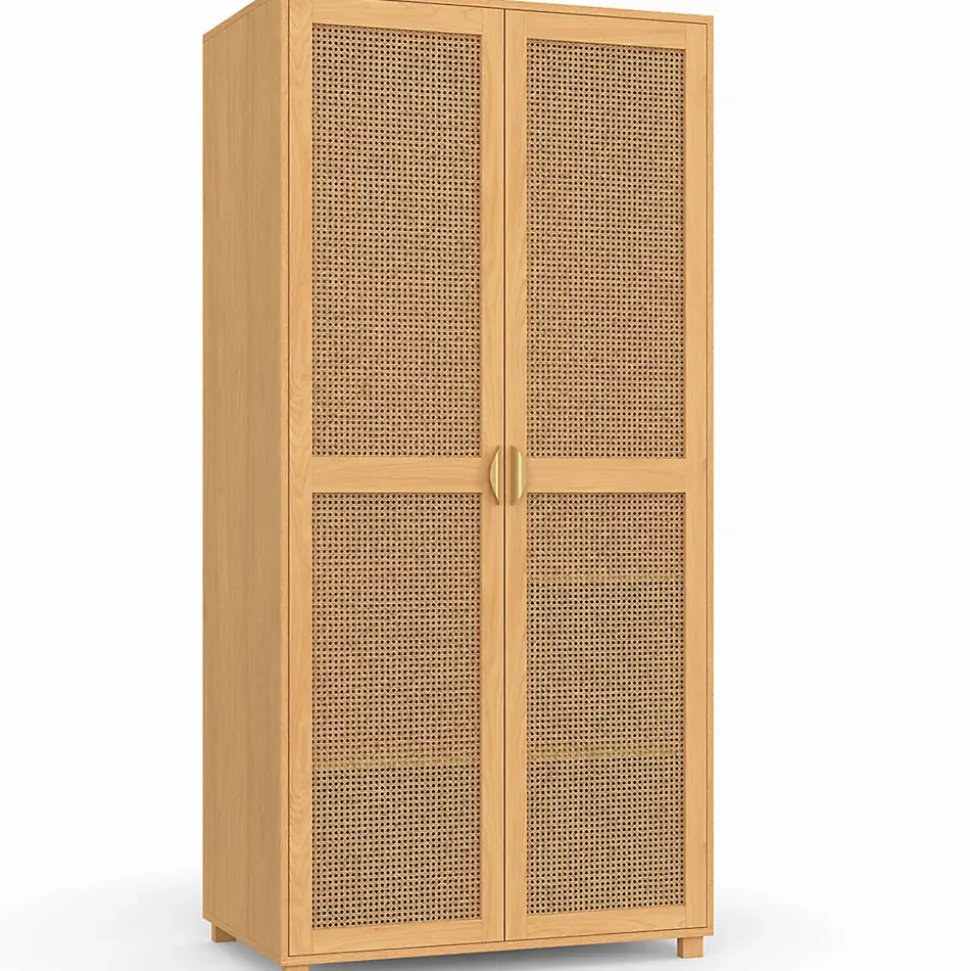 Armoire 2 portes EDHEN bois et cannage penderie 80 cm avec étagères rangement