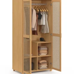 Armoire 2 portes EDHEN bois et cannage penderie 80 cm avec étagères rangement