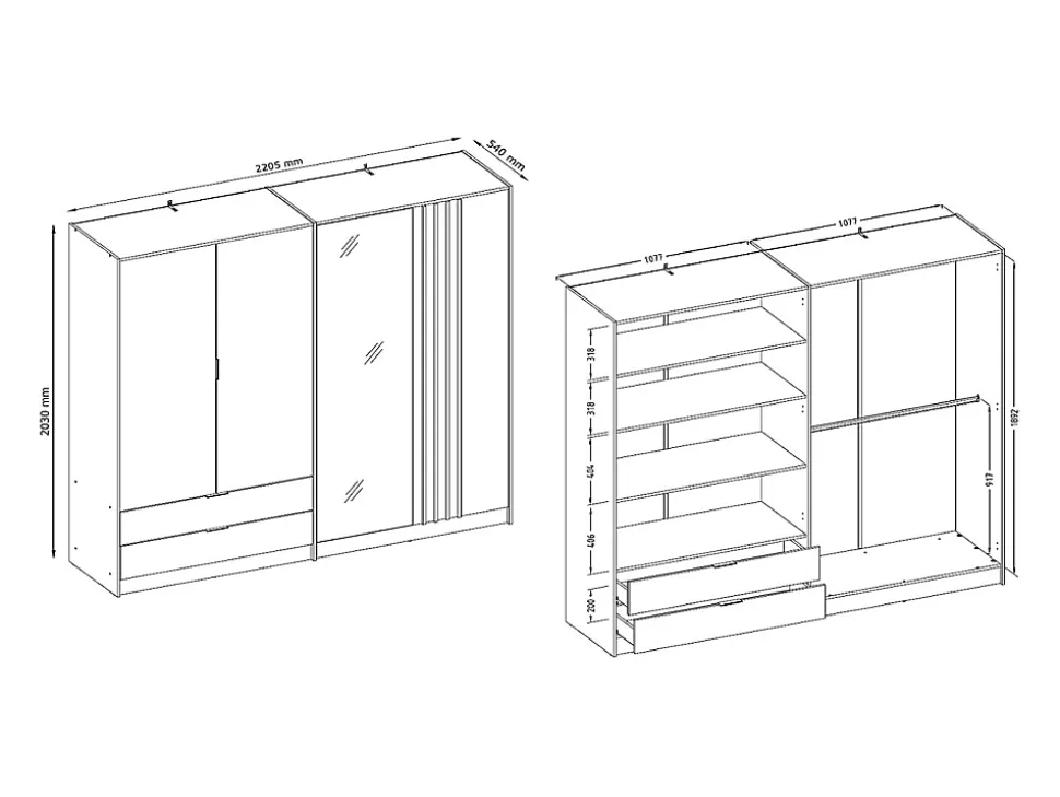 Armoire 4 portes et 2 tiroirs - Avec miroir - L220 cm - Coloris : Noir et naturel - TUNALO
