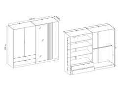 Armoire 4 portes et 2 tiroirs - Avec miroir - L220 cm - Coloris : Noir et naturel - TUNALO