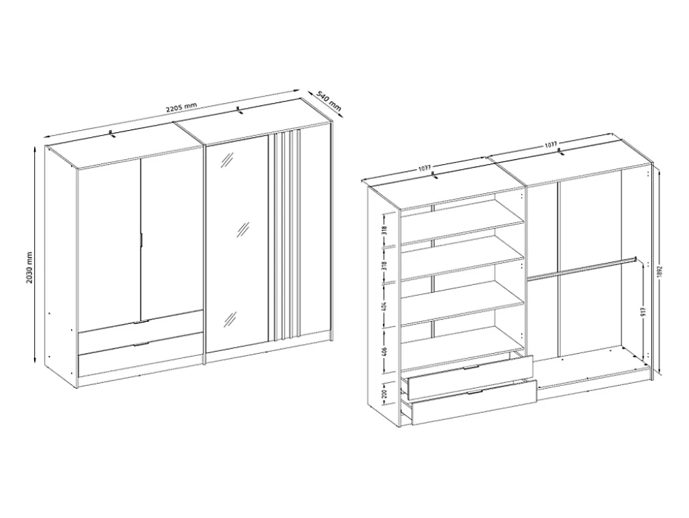 Armoire 4 portes et 2 tiroirs - Avec miroir - L220 cm - Coloris : Noir et naturel - TUNALO