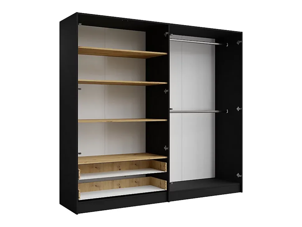 Armoire 4 portes et 2 tiroirs - Avec miroir - L220 cm - Coloris : Noir et naturel - TUNALO