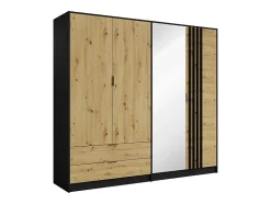 Armoire 4 portes et 2 tiroirs - Avec miroir - L220 cm - Coloris : Noir et naturel - TUNALO