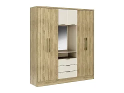 Armoire 6 portes et 3 tiroirs - Avec miroir - L180 cm - Coloris : Naturel et beige - ELORIO