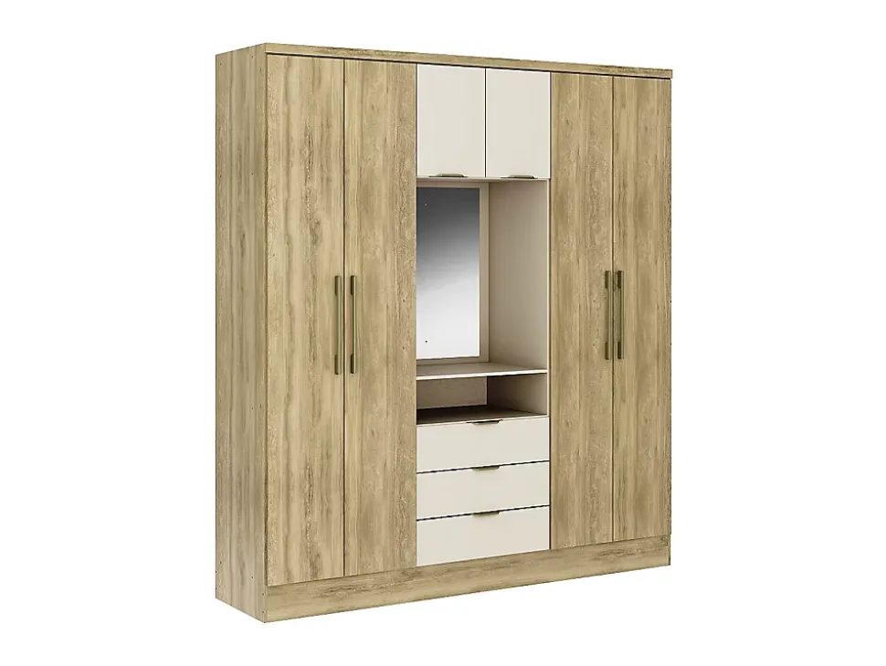 Armoire 6 portes et 3 tiroirs - Avec miroir - L180 cm - Coloris : Naturel et beige - ELORIO