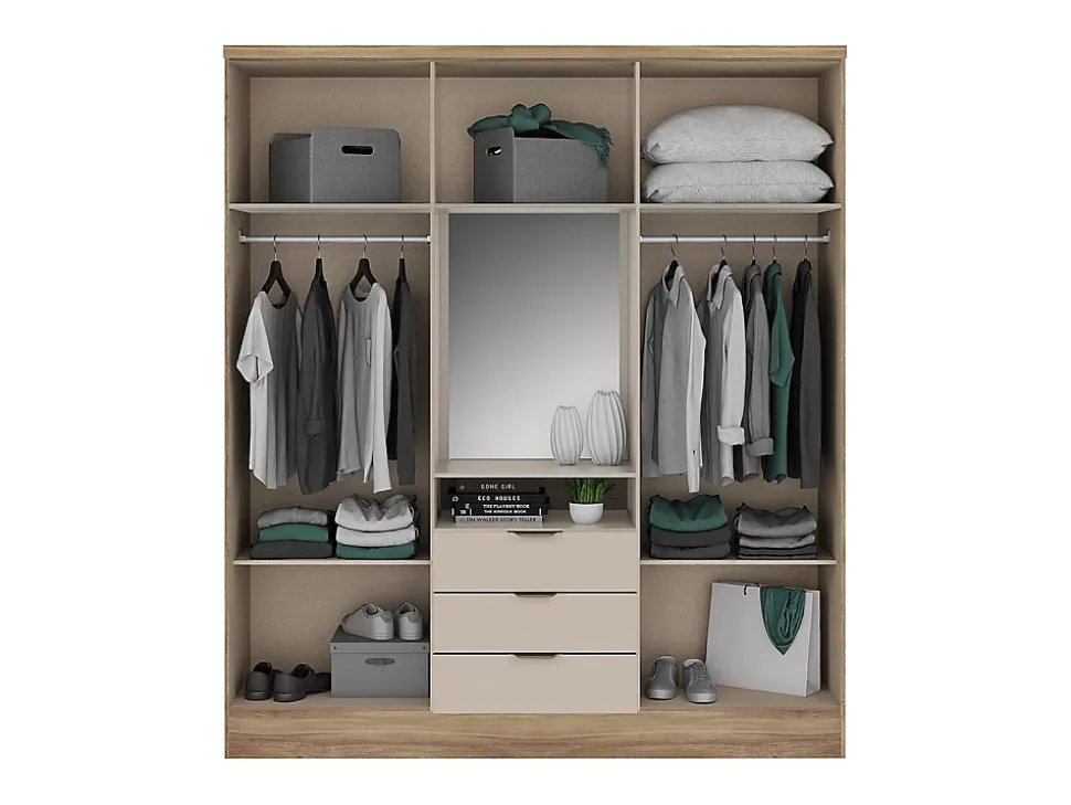 Armoire 6 portes et 3 tiroirs - Avec miroir - L180 cm - Coloris : Naturel et beige - ELORIO