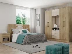 Armoire 6 portes et 3 tiroirs - Avec miroir - L180 cm - Coloris : Naturel et beige - ELORIO