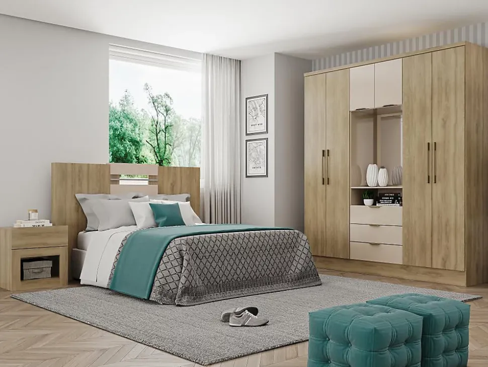 Armoire 6 portes et 3 tiroirs - Avec miroir - L180 cm - Coloris : Naturel et beige - ELORIO