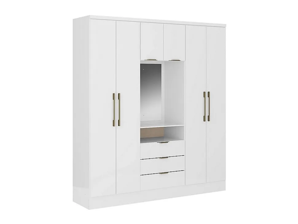 Armoire 6 portes et 3 tiroirs - Avec miroir - L180 cm - Coloris : Blanc - ELORIO