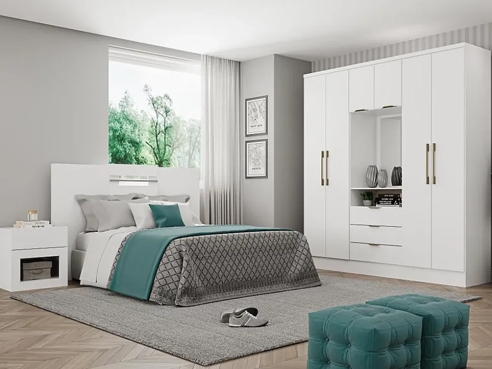Armoire 6 portes et 3 tiroirs - Avec miroir - L180 cm - Coloris : Blanc - ELORIO