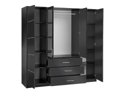 Armoire 4 portes et 3 tiroirs - Avec miroirs - L196 - Noir et doré - MONLIO
