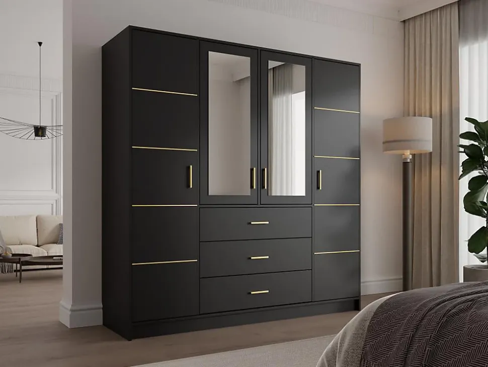 Armoire 4 portes et 3 tiroirs - Avec miroirs - L196 - Noir et doré - MONLIO