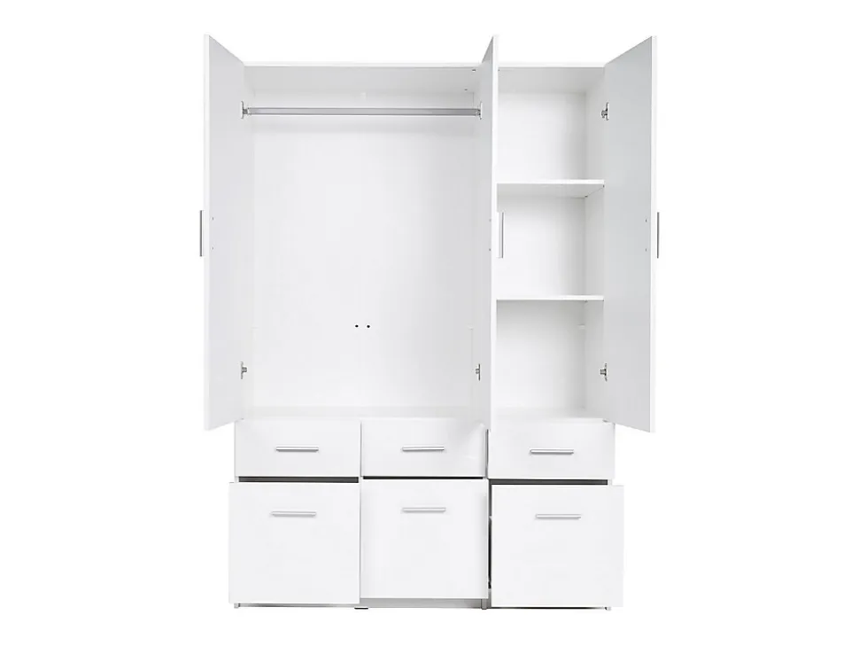 Armoire 3 portes et 6 tiroirs - L136 cm - Blanc + Réhausse - BELOMY