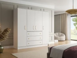 Armoire 4 portes et 3 tiroirs - L196 cm - Blanc - LIZANDRO