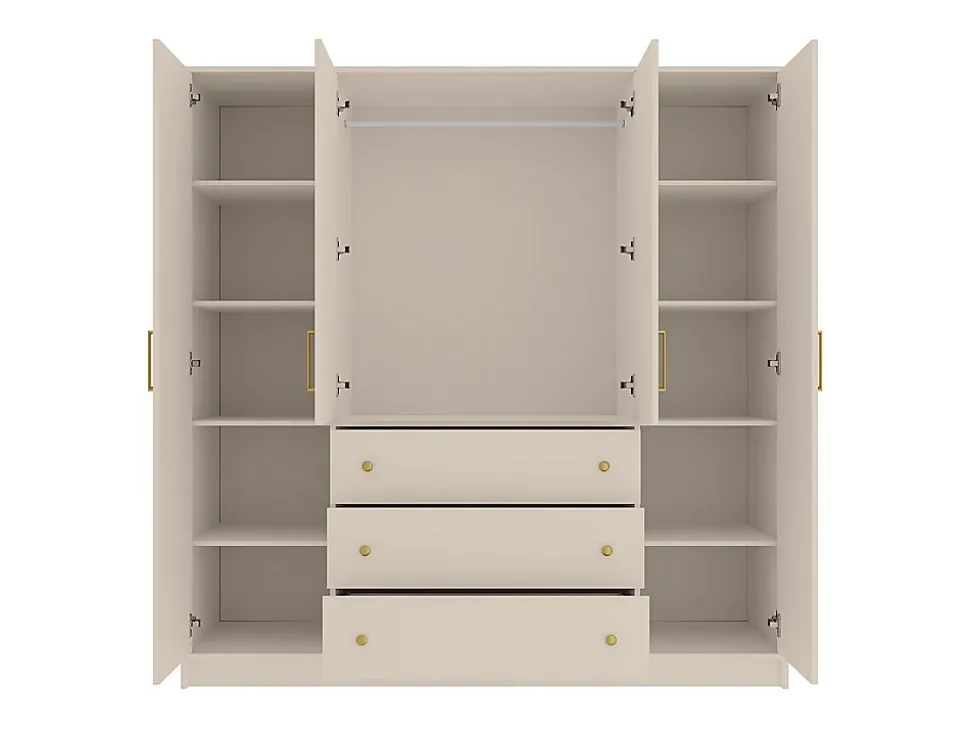 Armoire 4 portes et 3 tiroirs - Avec miroirs - L196 cm - Beige et doré - LIZANDRO
