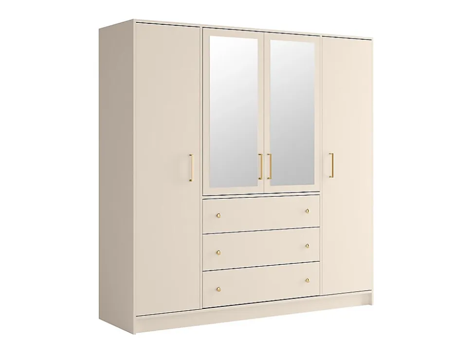 Armoire 4 portes et 3 tiroirs - Avec miroirs - L196 cm - Beige et doré - LIZANDRO