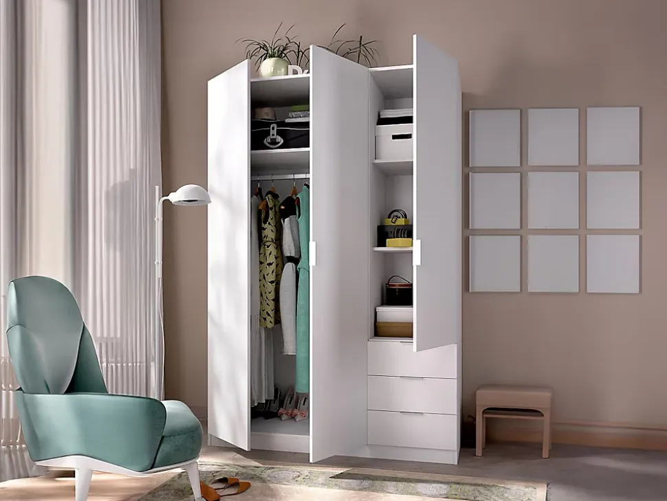 Armoire 3 portes et 3 tiroirs - L121 cm - Blanc - LISTOWEL