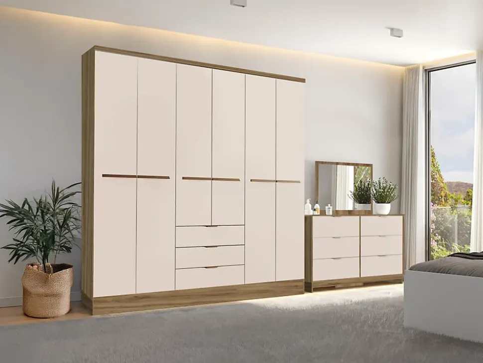 Armoire 6 portes et 3 tiroirs - L180 cm - Coloris : Beige et naturel - PEROLI