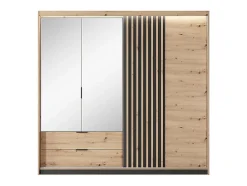 Armoire 3 portes et 2 tiroirs - Miroir et LEDs - L220 cm - Coloris : Naturel et noir - ARIADA