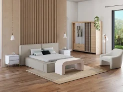 Armoire 3 portes et 2 tiroirs - Miroir et LEDs - L220 cm - Coloris : Naturel et noir - ARIADA
