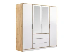 Armoire 4 portes et 3 tiroirs - Avec miroirs - L196 cm - Coloris : Naturel et blanc - LAMIKI