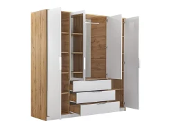 Armoire 4 portes et 3 tiroirs - Avec miroirs - L196 cm - Coloris : Naturel et blanc - LAMIKI