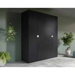 Armoire 4 portes noir structuré et doré 2 penderies et 4 étagères Collection MONDO