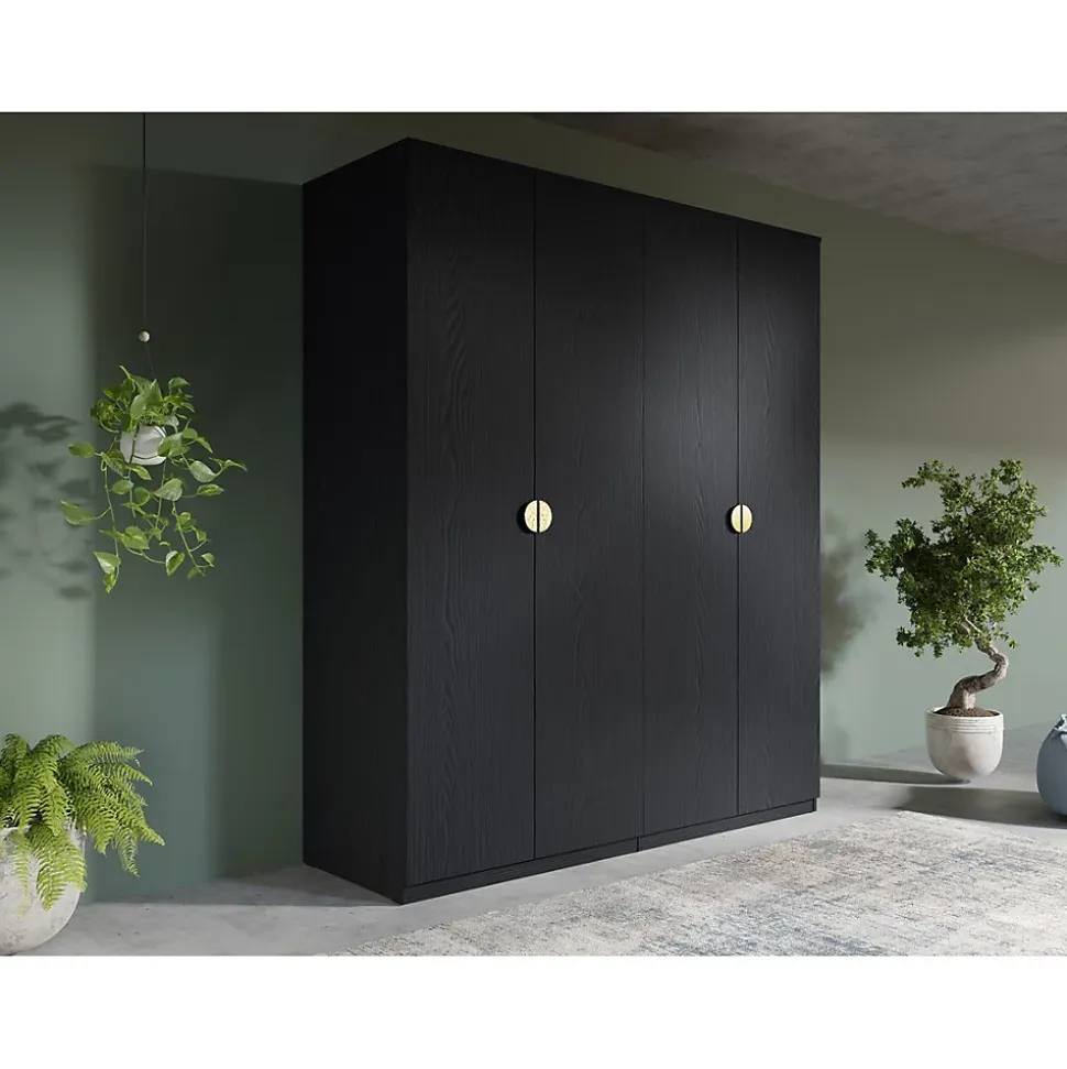Armoire 4 portes noir structuré et doré 2 penderies et 4 étagères Collection MONDO
