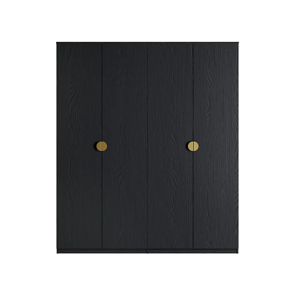 Armoire 4 portes noir structuré et doré 2 penderies et 4 étagères Collection MONDO