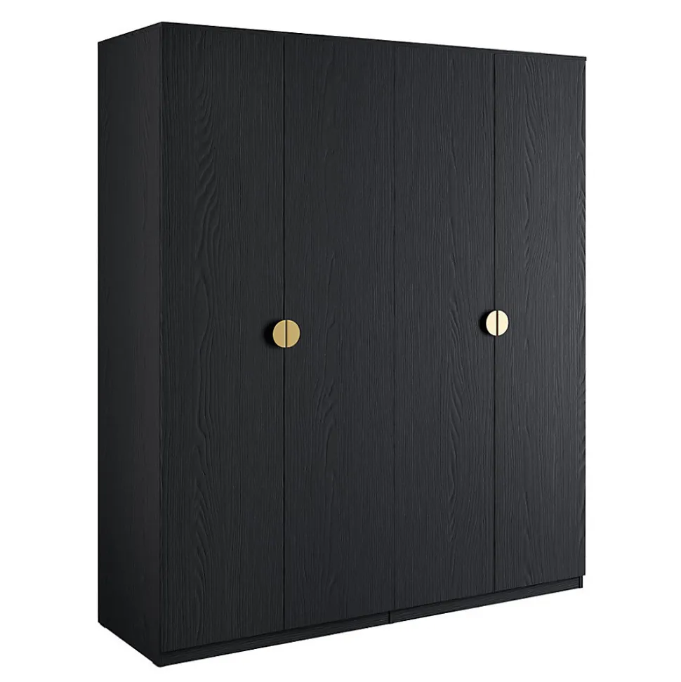 Armoire 4 portes noir structuré et doré 2 penderies et 4 étagères Collection MONDO