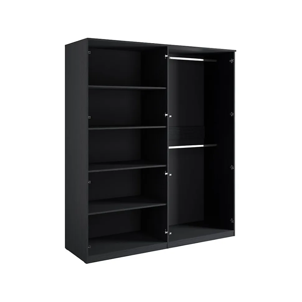 Armoire 4 portes noir structuré et doré 2 penderies et 4 étagères Collection MONDO