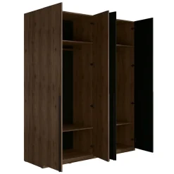 Armoire 4 portes NORVIK Coloris noyer et noir Rangement optimisé avec penderie et étagères