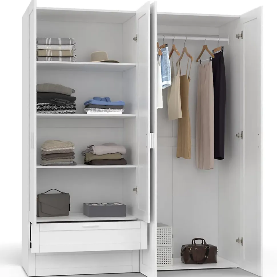 Armoire 4 portes VITO blanc penderie 160 cm avec 2 tiroirs et étagères