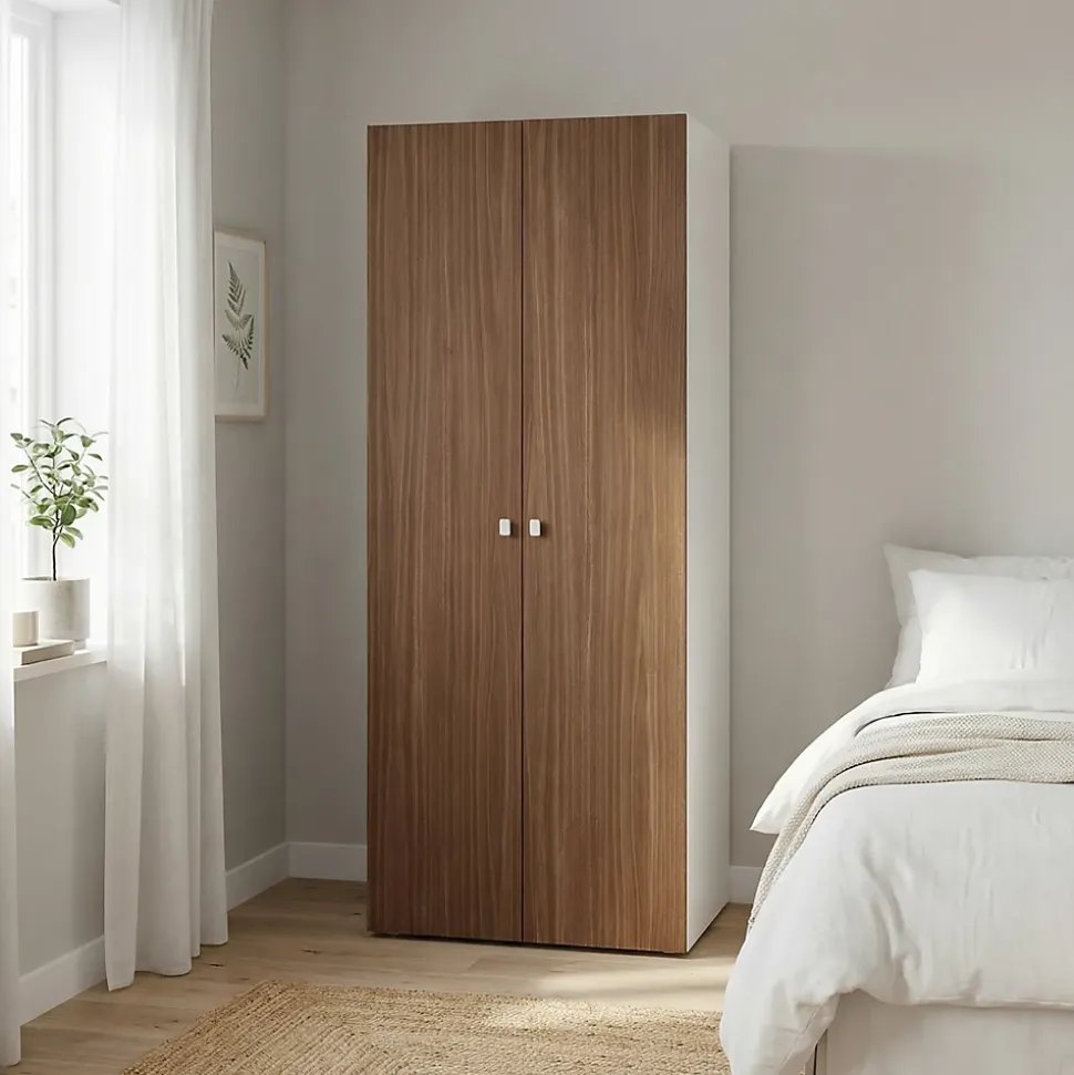 Armoire 2 tablettes 2 tiroirs 2 portes battantes effet chêne foncé et blanc GoodHome Atomia H. 225 x L. 75 x P. 58 cm