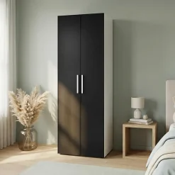 Armoire 2 tablettes 2 tiroirs 2 portes battantes noir et blanc GoodHome Atomia H. 225 x L. 75 x P. 58 cm