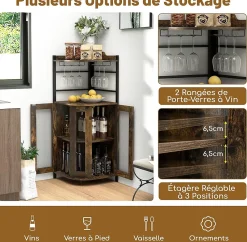 Armoire à Vin angle Style Industrielle avec étagère Réglable et Porte en Maille Meuble de Rangement Marron