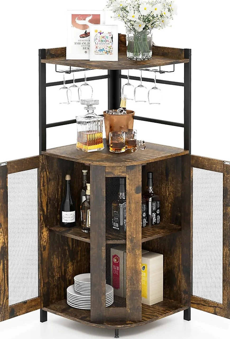 Armoire à Vin angle Style Industrielle avec étagère Réglable et Porte en Maille Meuble de Rangement Marron