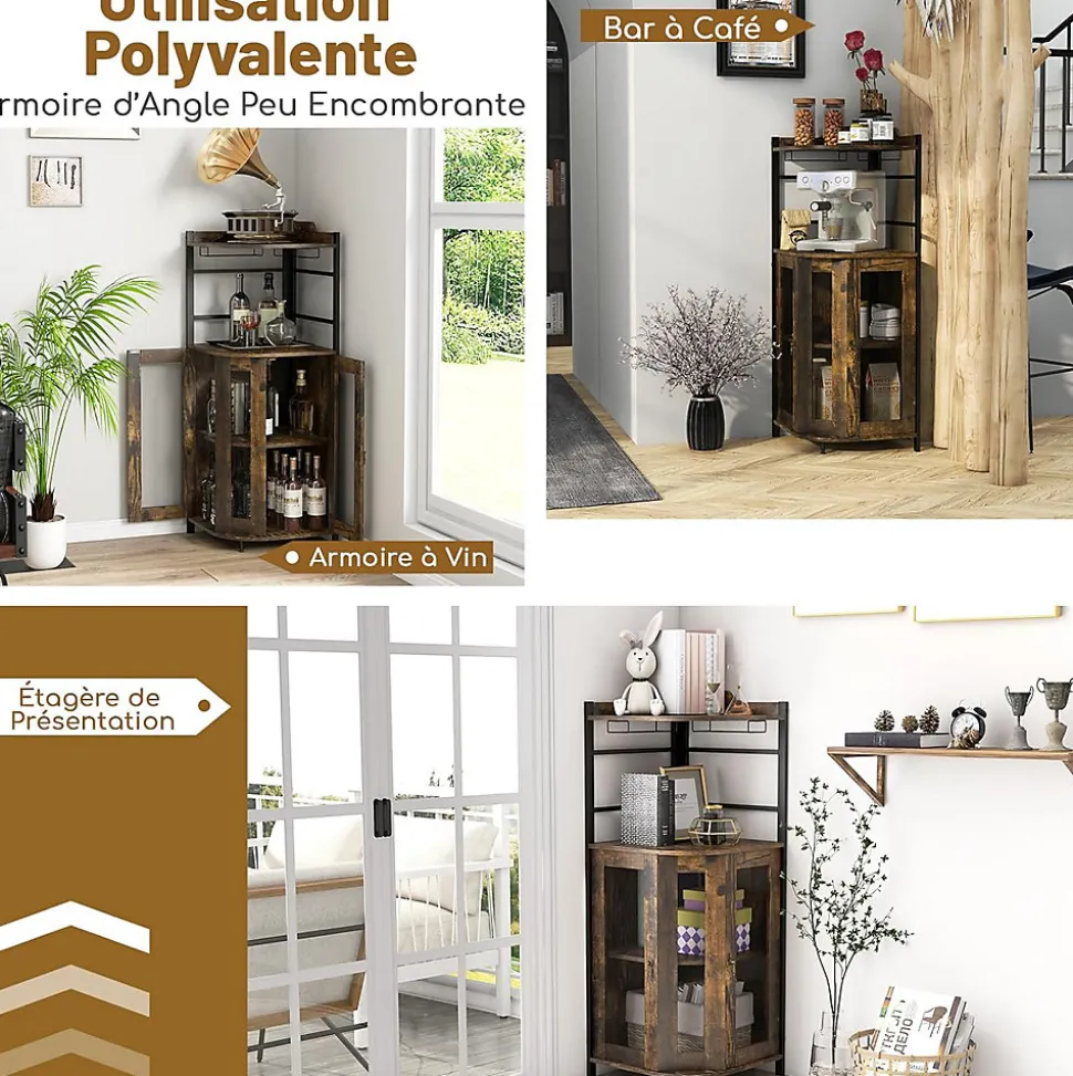 Armoire à Vin angle Style Industrielle avec étagère Réglable et Porte en Maille Meuble de Rangement Marron