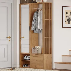 Armoire à vêtements d'entrée 6 en 1 avec vestibule,100x33x190cm,couleur bois, pour manteaux, étendoir à linge