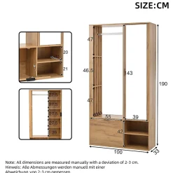 Armoire à vêtements d'entrée 6 en 1 avec vestibule,100x33x190cm,couleur bois, pour manteaux, étendoir à linge