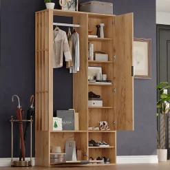 Armoire à vêtements d'entrée 6 en 1 avec vestibule,100x33x190cm,couleur bois, pour manteaux, étendoir à linge