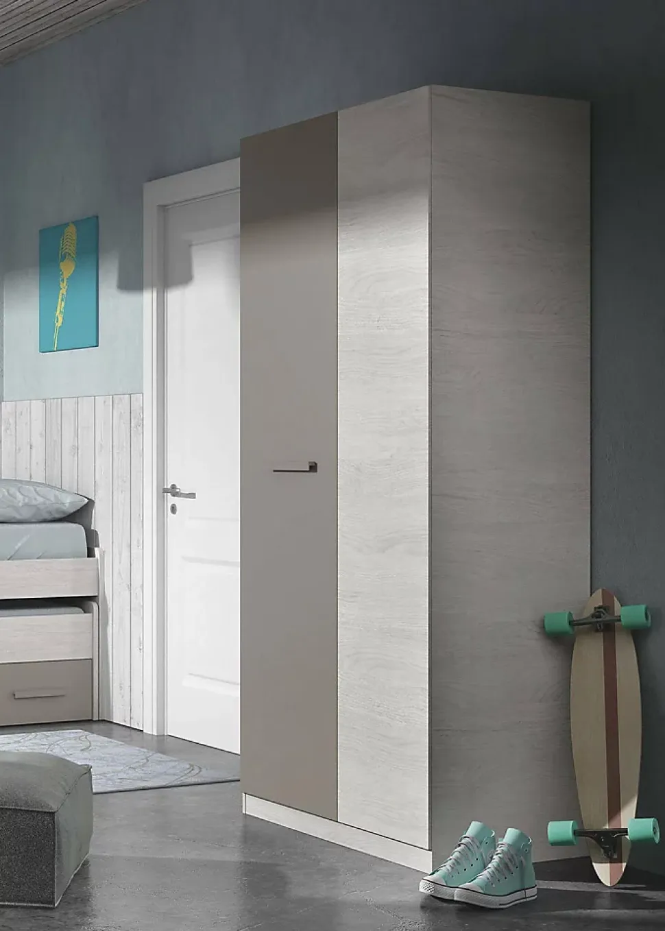 Armoire Abilene, armoire de chambre avec 2 portes, armoire avec 3 Etageres et tringle à vêtements, 90x52h200 cm, blanc et marron